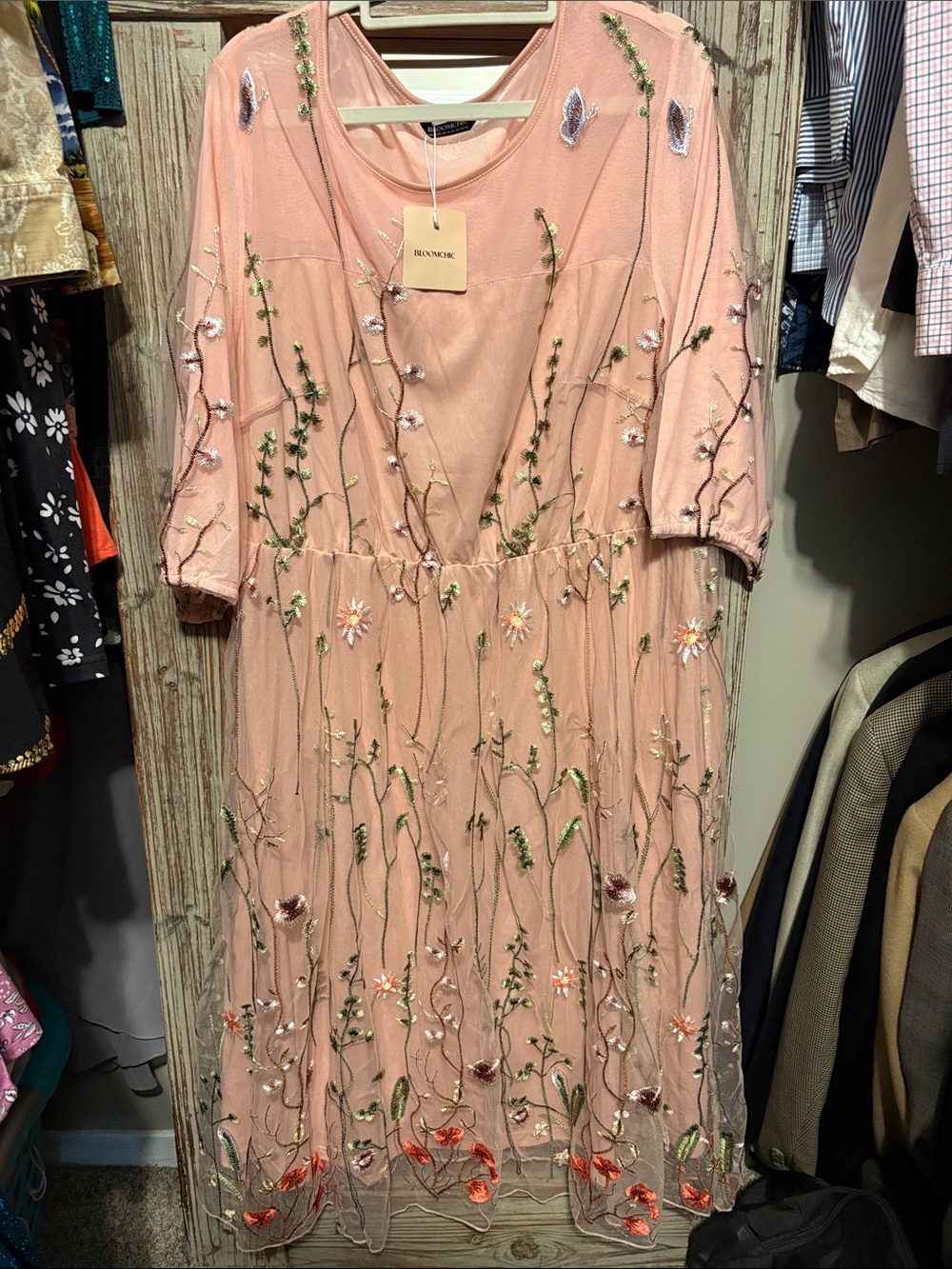 Embroidered Pink Floral Midi Dress
